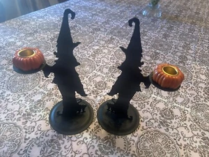 Witch and Pumpkin Black Metal Candlestick Holders Set of 2 - Picture 1 of 8