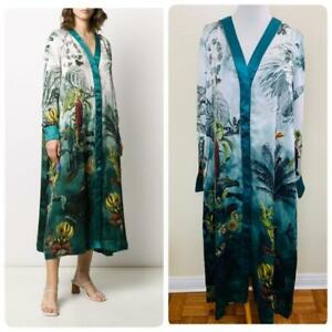 $1750 F.R.S For Restless Sleepers Botanical Print Midi Dress Large Green Silk