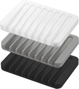 Self Draining Soap Dishes, 3 Pcs Silicone Waterfall Drainer Black/White/Grey - Picture 1 of 7