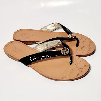 Sandalias Coach Sara de cuero negras charol con logotipo plano chanclas Wms 7B Foto 1 de 4