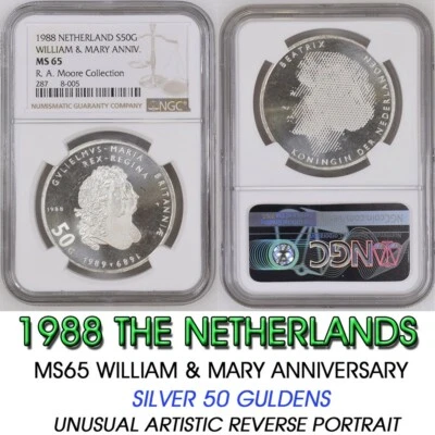 CONSERVED 1988 NETHERLANDS SILVER 50 GULDEN NGC MS65 william & mary anniversary - Image 1 of 4