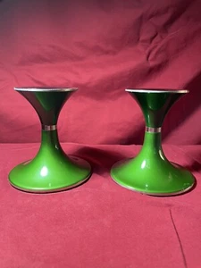 Pair Green Enamel MCM Candlesticks Possibly QUIST PRASENTE - 60’s-70’s - Vntg - Picture 1 of 10