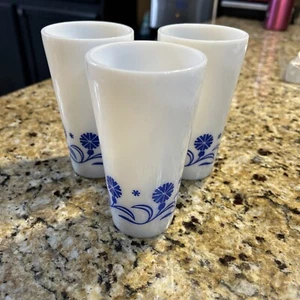 Vintage Set of 3 Hazel Atlas Blue Cornflower Milk Glass Tumblers MCM - Picture 1 of 4