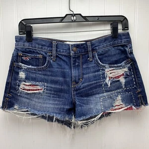 Hollister Shorts 3 26 Blue Jean Denim Distress Embroidery Patch Festival Western - Picture 1 of 12