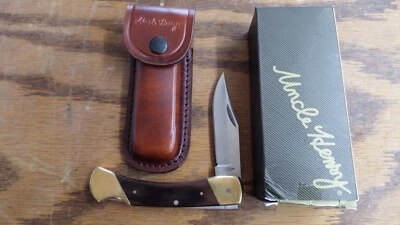 Cuchillo plegable SCHRADE USA Tío Henry LB7 Hunter Lockback con funda de cuero Foto 1 de 4