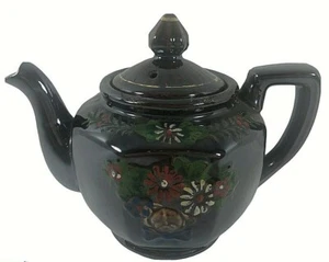 Vintage Brown Glazed Pottery Teapot Hand Painted Flowers Made in Japan Gold Trim - Picture 1 of 5
