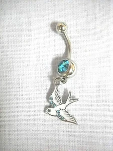 PEACE WHITE DOVE BIRD w BLUE CRYSTALS - TATTOO 14g TURQUOISE BLUE CZ BELLY RING - Picture 1 of 1