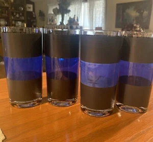 4-VTG George’s Briard Signed MCM Black & Blue Stripe Highball Glasses/ Bar - Picture 1 of 9
