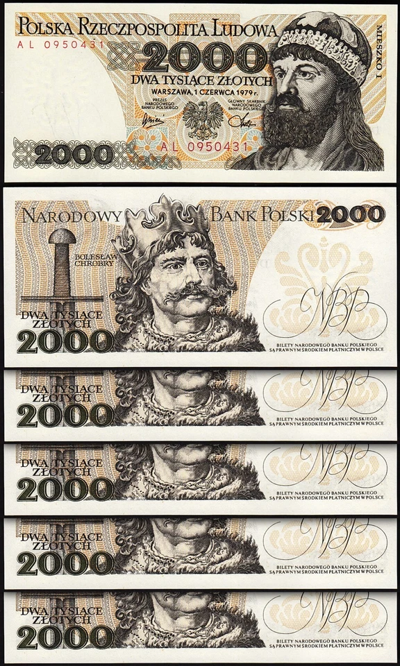 Poland 2000 Zloty 1979, UNC, 5 Pcs LOT, P-147b, Mieszko I - Image 1 of 4