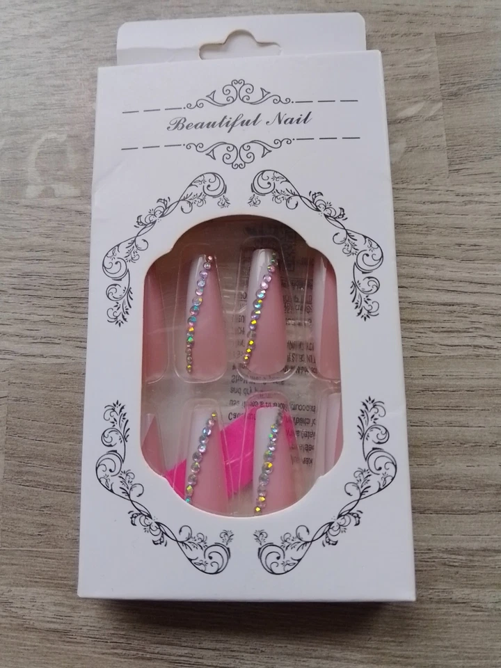 False Nails Nude Stilleto White Tips Diamante Fake Gems Pattern Fake Pink Peach - Image 1 of 1