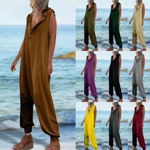 Women's Overalls Casual Loose Sleeveless Hooded Bib Cuffed Jumpsuit With Pockets - Picture 1 of 33
