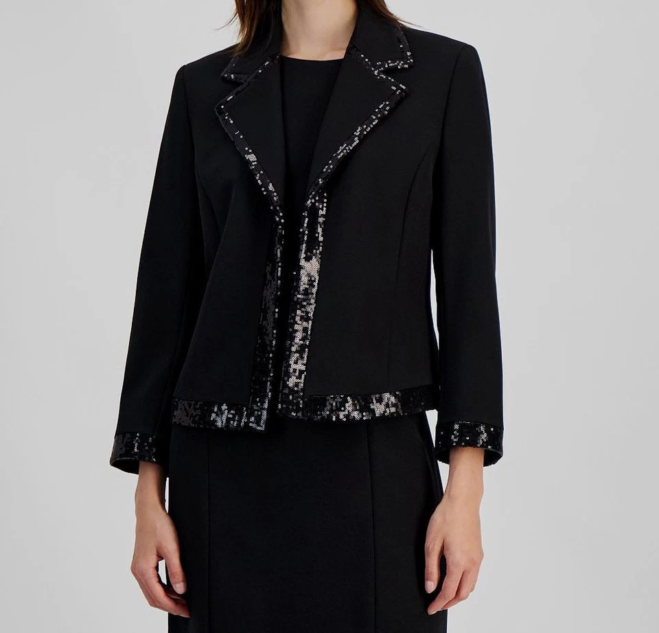 Kasper Women's Black Sequin Tipped Open-Front Blazer Jacket Petite Size 2P