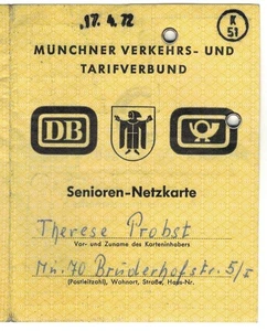 Ausweis Fahrschein Senioren Netzkarte - Münchner Verkehrsverbund - München 1972 - Bild 1 von 3