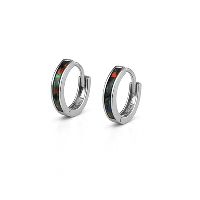 Pendientes de aro Huggie de ópalo negro de una fila de oro blanco de 14k Foto 1 de 2