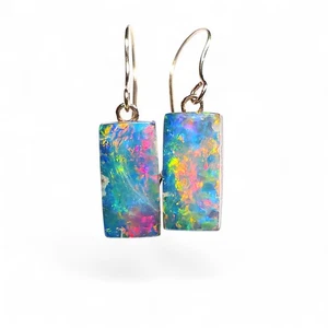 Piliers De Fue' Australian Opal Dangle Doublet Earrings 14k Gold 6.4ct P14 - Picture 1 of 4