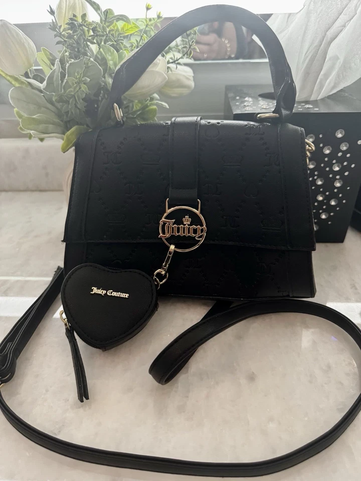 Juicy Couture Black Embossed Crossbody Handbag with Heart Coin Purse New - Image 1 of 4