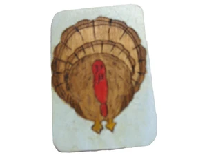 Lg Vintage Studio Wood Burned Turkey Button. Wood Tool, Painted, signed, New - Picture 1 of 5