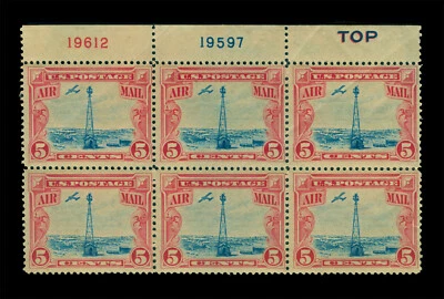 US 1928 AIRMAIL Beacon on Rocky Mountains 5c car & blue Sc C11 MH/NH Plate Block - Image 1 of 2