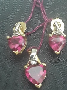 Earrings & Pendant - 10k White &Yellow Gold-Ruby 1.70 Ctw & Diamond - 15/381&4 - Picture 1 of 8