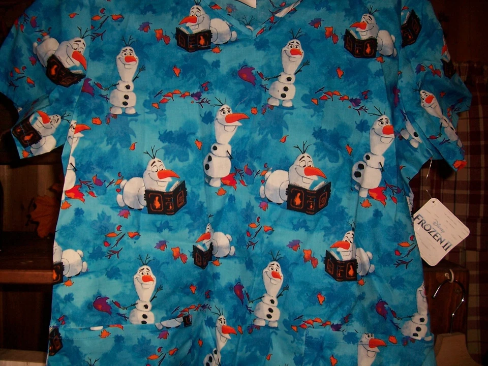 DISNEY FROZEN LADIES NURSING SCRUB TOP SHIRT SIZE MEDIUM BLUE V NECK