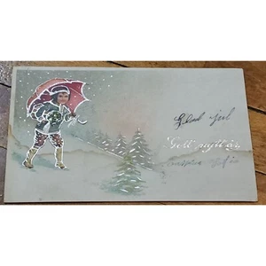 Vintage 1920 schwedische Weihnachts Postkarte mit Kind & Schirm Illustration - Bild 1 von 2