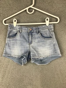 Levis Shorty Short Mid Rise Cut Off Stretch Blue Jean Shorts Adjustable Waist 12 - Picture 1 of 14