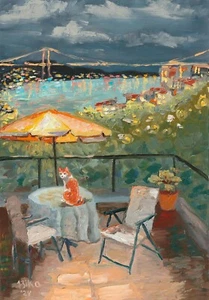Istanbul Original Painting Cat View Bridge Art 12x16" Evening Cityscape Art - Picture 1 of 4