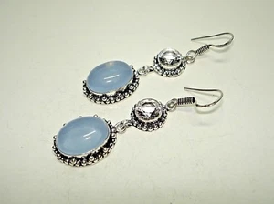 AB One-of-a-Kind Smoky Blue Chalcedony White Topaz 925 Silver Earrings 2.5" - Picture 1 of 4