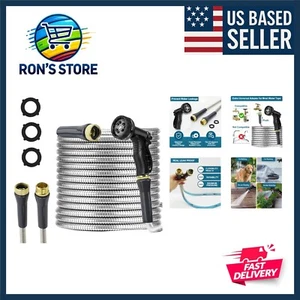 75ft Heavy Duty Stainless Steel Garden Hose with 10 Function Nozzle - Kink-Free - Picture 1 of 9