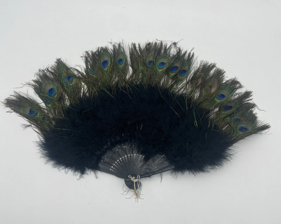 Ventilador de mano plegable vintage auténtico pluma de pavo real Foto 1 de 4