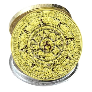 Aztec Gold-Plated Calendar Coin Featuring Intricate Symbols & Ancient Designs - Picture 1 of 7
