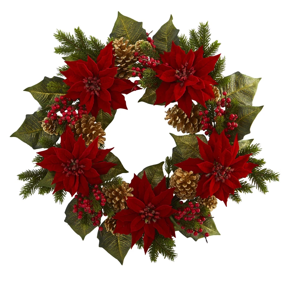 Nearly Natural 24” Poinsettia Berry and Golden Pine Cone Artificial Wreath Decor - Изображение 1 из 1