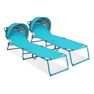 2 Pack Outdoor Lounge Chair, Tanning Chair with Sunshade Roof, 2 Pack--blue - Picture 1 of 6