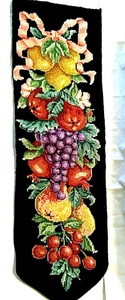 Vintage Needlepoint Handcrafted Tapestry Wall Hanging Fruits Pink Ribbon 22X7" - Picture 1 of 3