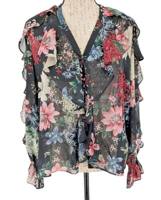 Blusa Top VICTORIAN Hada Oscura MEDIANA Negra Floral Volantes Abotonados Excelente Foto 1 de 4