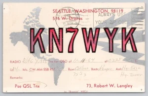 Amateur Ham Radio QSL QSO Card 1964 KN7WYK Seattle Washington Robert W Langley - Picture 1 of 3
