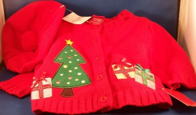 Nuevo Suéter Rojo Navidad Sombrero Tam Boina Pom Pom 3 Meses Cárdigan Botón Árbol Foto 1 de 1