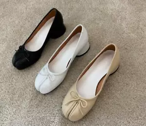 Women's Slip On Loafer Leather Bowtie new Split Toe Mid Heel Ballet Court Shoes - Picture 1 of 8
