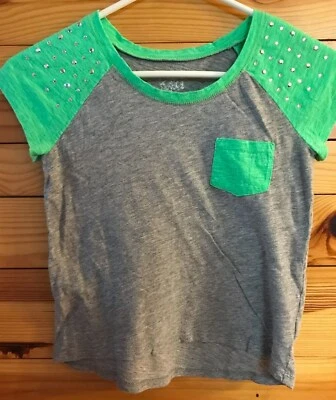 Justice Girls Gray with Green Stud Accent Pocket Top Shirt Size 10 - Image 1 of 2