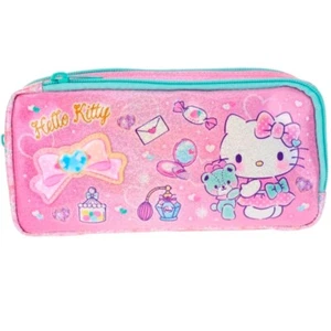 Hello Kitty Shiny 2-Zipper Case Pen Pencil Stationery Holder Makeup Bag Pouch - Picture 1 of 5