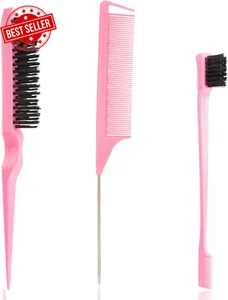 Slick Back Hair Brush, 3 Pcs Comb Set Edge Brush Bristle Hair Brush Rat Tail Com - Picture 1 of 12