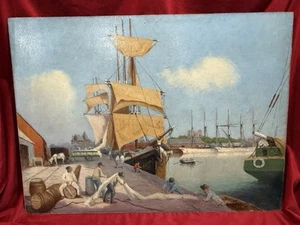 Tableau Ancien MARINE PORT HUILE PANNEAU PEINTRE À IDENTIFIER - Picture 1 of 9