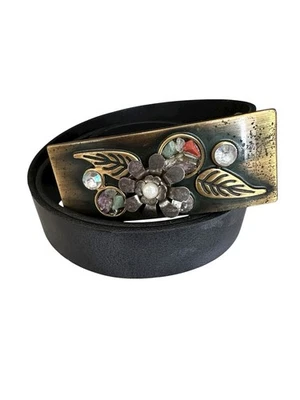 Cinturón italiano de cuero negro con hebilla de metal SERENO adornado floral XL Foto 1 de 4