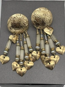 Orecchini pendenti Tabra oro 14/20 cuori perline firmati pali oro 14k - Foto 1 di 7