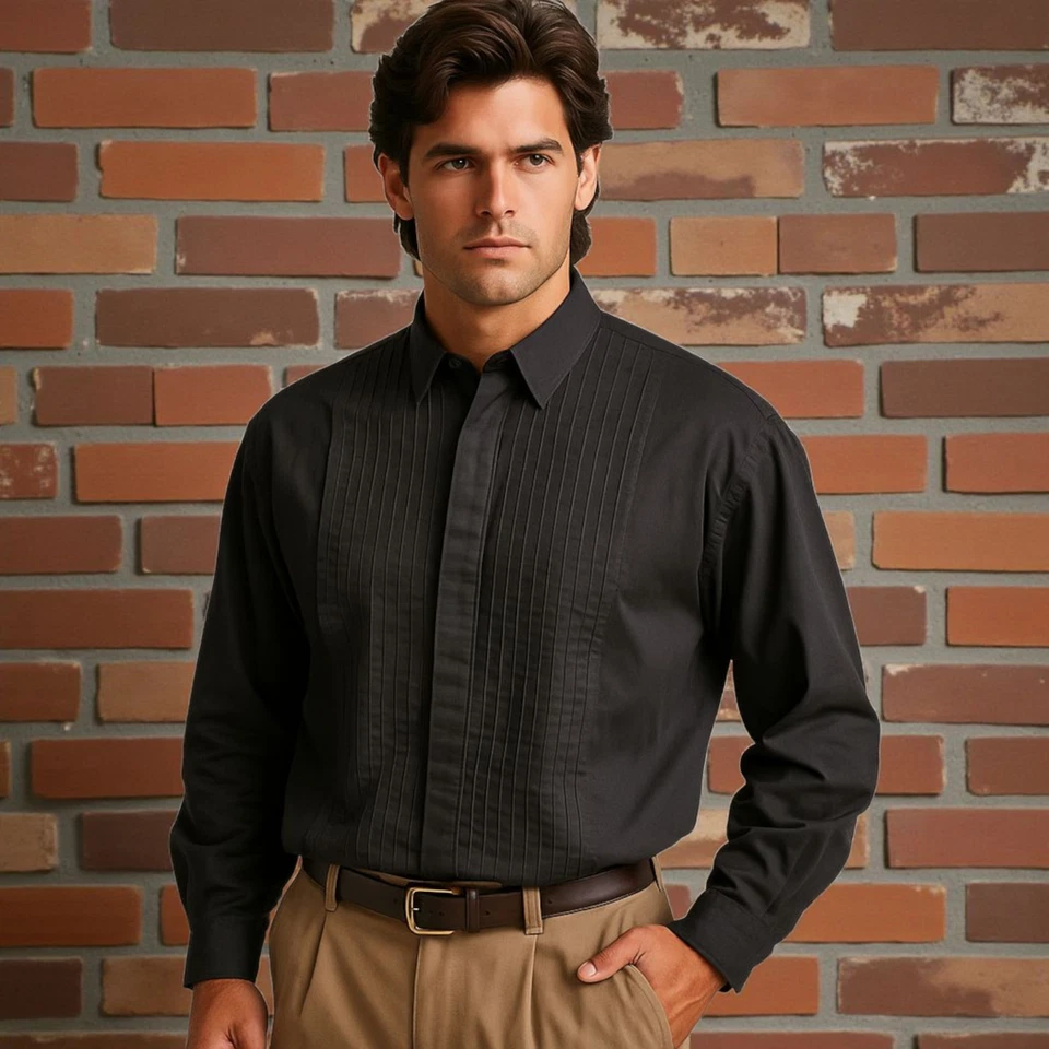 Camisa Esmoquin Internacional Hombre Pequeña Negra Plisada Algodón Años 80 90 Retro Foto 1 de 4