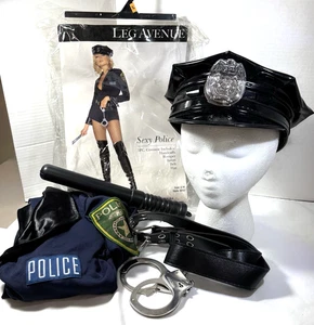 Leg Ave Sexy Police Costume Jumpsuit Sz S Long Sleeve V-Neck Hat Cuffs Fit Sz XS - Picture 1 of 10