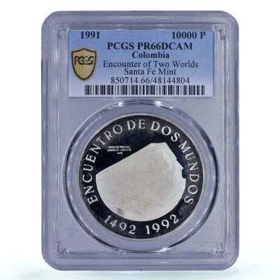 Colombia 10000 pesos Two World Encounter Santa Fe Bogota PR66 PCGS Ag coin 1991 - Image 1 of 2