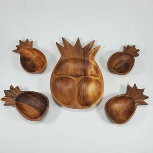 Juego de 4 cuencos seccionados hawaianos de piña maciza con cuencos más pequeños tallados a mano - Imagen 1 de 12