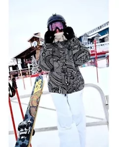 Free People FP Movement Bunny Slope Printed Puffer Jacket, Black White Ski Coat - Picture 1 of 13