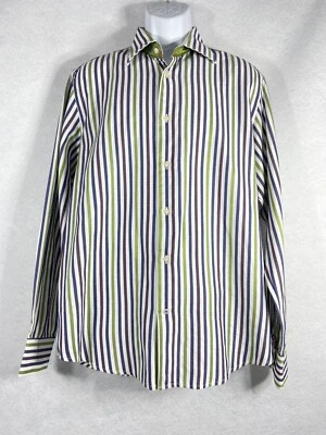 Robert Graham Shirt Mens Large White Green Button Up Striped Cotton Silk Blend - Image 1 of 4